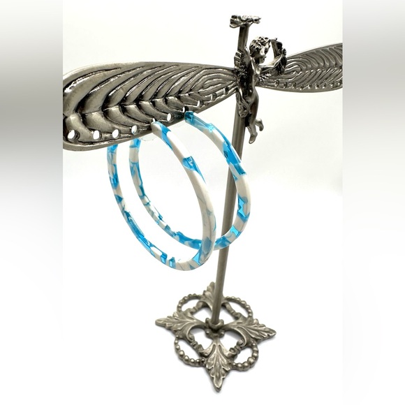 Turquoise Aqua & White Large Hoop Pierced Earrings-Retro Look! - Picture 8 of 10